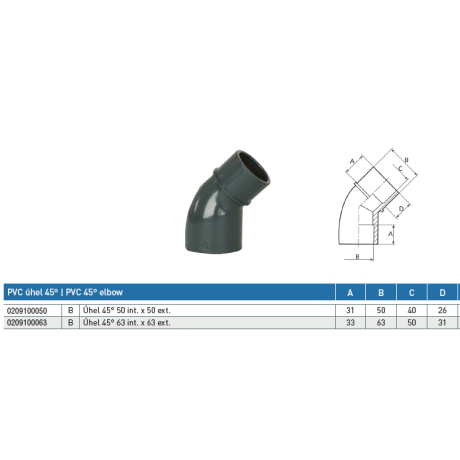 PVC tvarovka - Úhel 45° 63 (vnitřní rozměr) x 63 (vnější rozměr) 