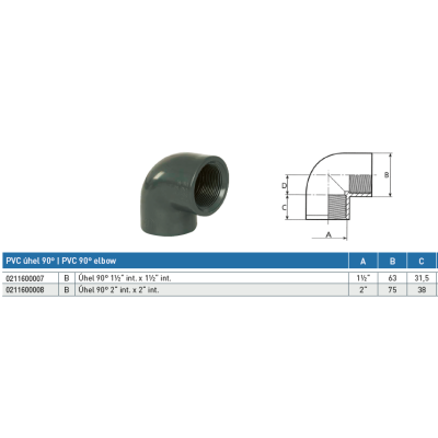 PVC tvarovka - Úhel 90° 1 1/2“ (vnitřní rozměr) x 1 1/2“ (vnitřní rozměr) 