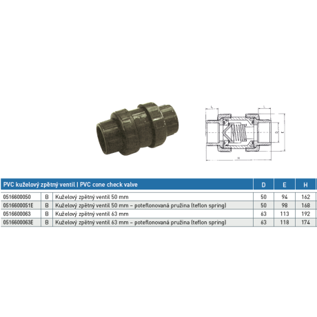 Tvarovka - Kuželový zpětný ventil 63 mm -- poteflonovaná pružina EASYFIT