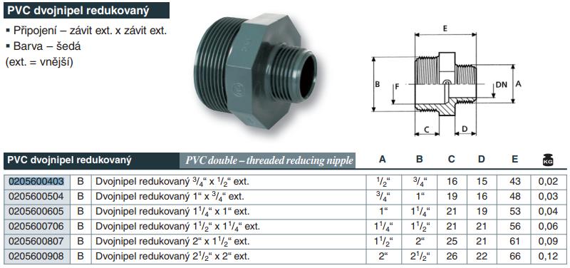 Vágnerpool PVC tvarovka - Dvojnipl redukovaný 3/4“ x 1/2“ ext.