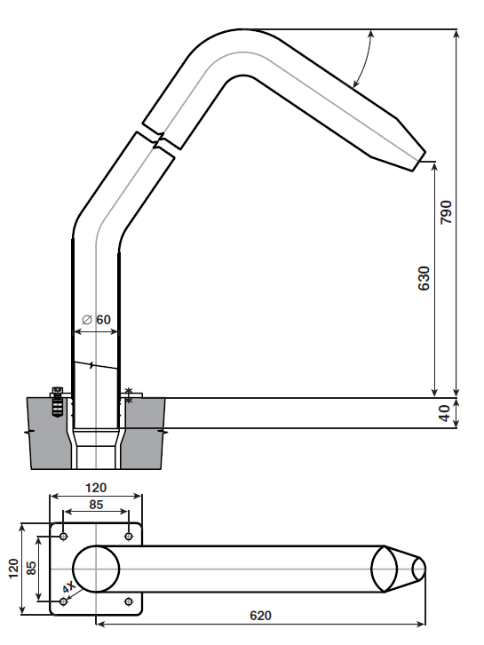 Chrlič - Půlměsíc široký,Š380 mm,připojení 75 mm,AISI 316,proud nahoru