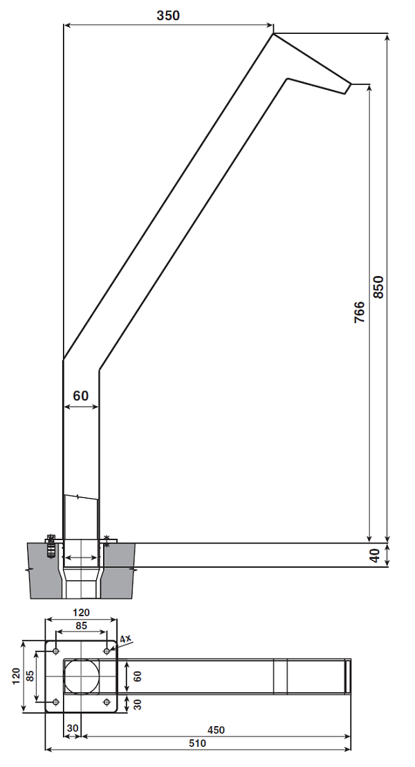 Chrlič - Půlměsíc široký,Š380 mm,připojení 75 mm,AISI 316,proud nahoru