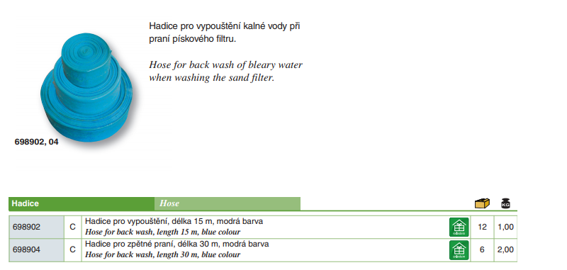 Hadice pro vypouštění, délka 15 m, modrá barva